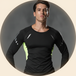 Circular portrait of Alex Rivers, a man in an AEROFLEX quick-dry top, looking confident.