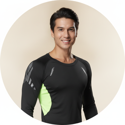 A circular portrait of Marcus Chen, an Asian man, smiling confidently in a charcoal grey performance top against a cream back