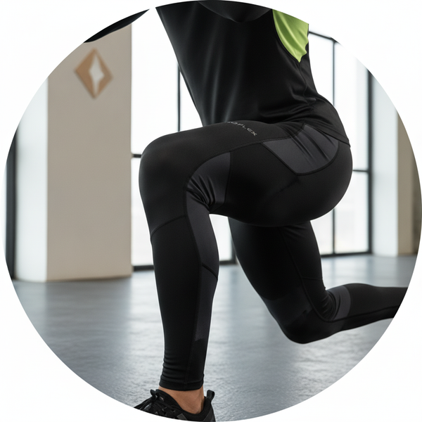 Close-up of a man's thigh wearing AEROFLEX performance bottoms, showing mapped compression zones during a lunge, suggesting m
