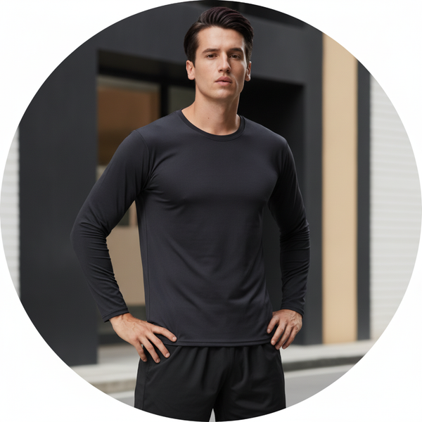 Man in AEROFLEX 3-piece performance set, standing confidently in a modern urban setting, showcasing the outfit's clean lines.