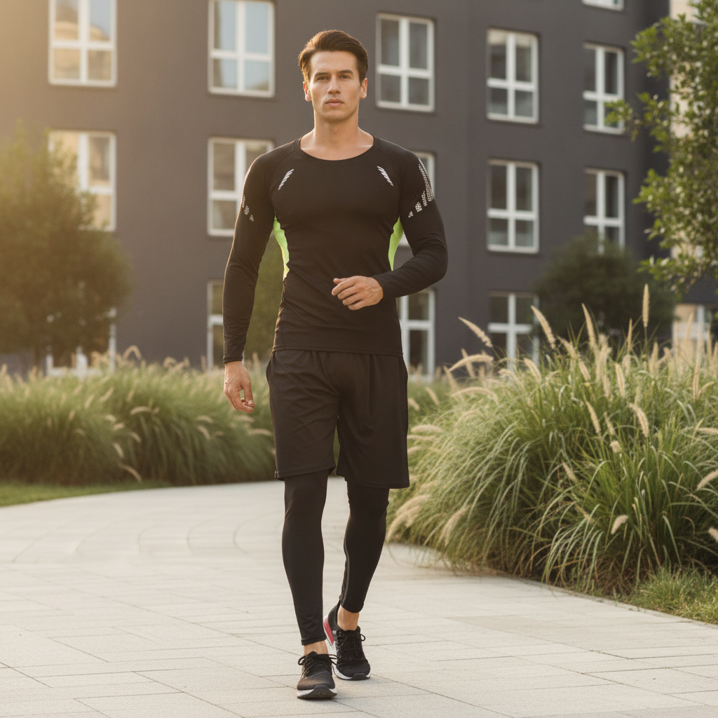 A diverse man in his late 20s to early 30s wears the AEROFLEX 3-Piece Performance Set, stretching outdoors in a modern urban 