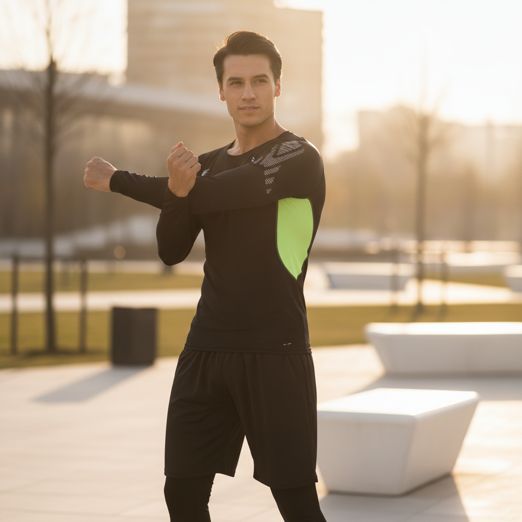 An athletic man in a black AEROFLEX 3-piece performance set stretching in an urban park at sunset, looking comfortable and co