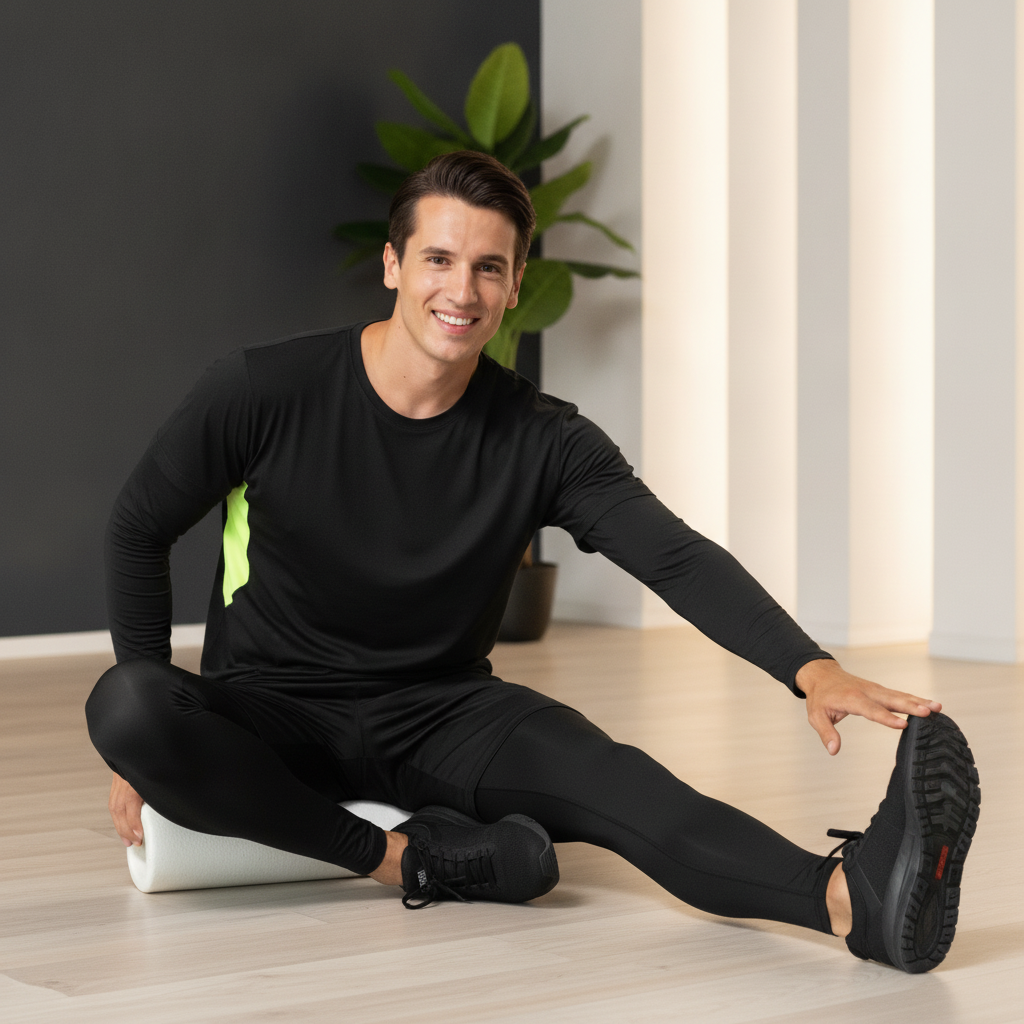 A smiling man in his late 20s, wearing a charcoal gray AEROFLEX 3-Piece Performance Set, stretching in a modern gym.