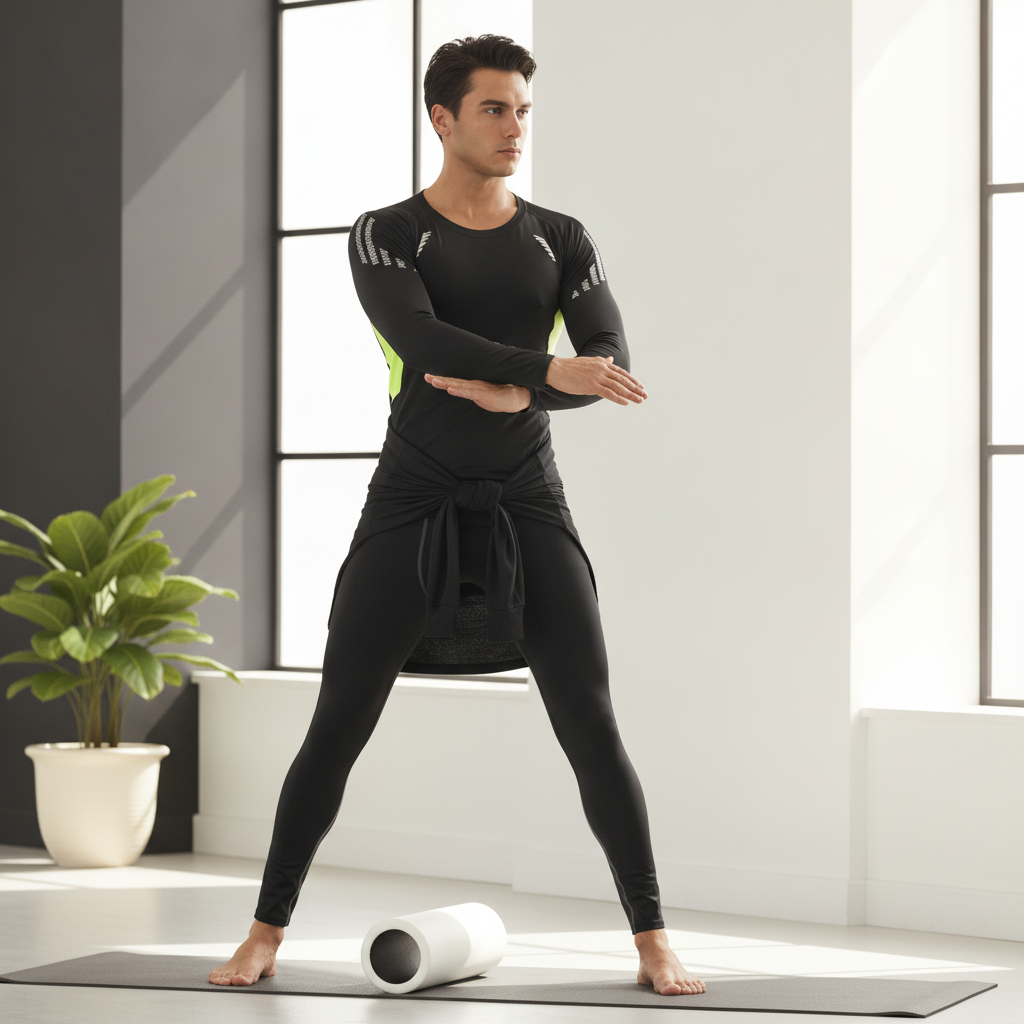 A man in his late 20s stretches in a modern home gym, wearing the AEROFLEX 3-Piece Performance Set, featuring a fitted top, p