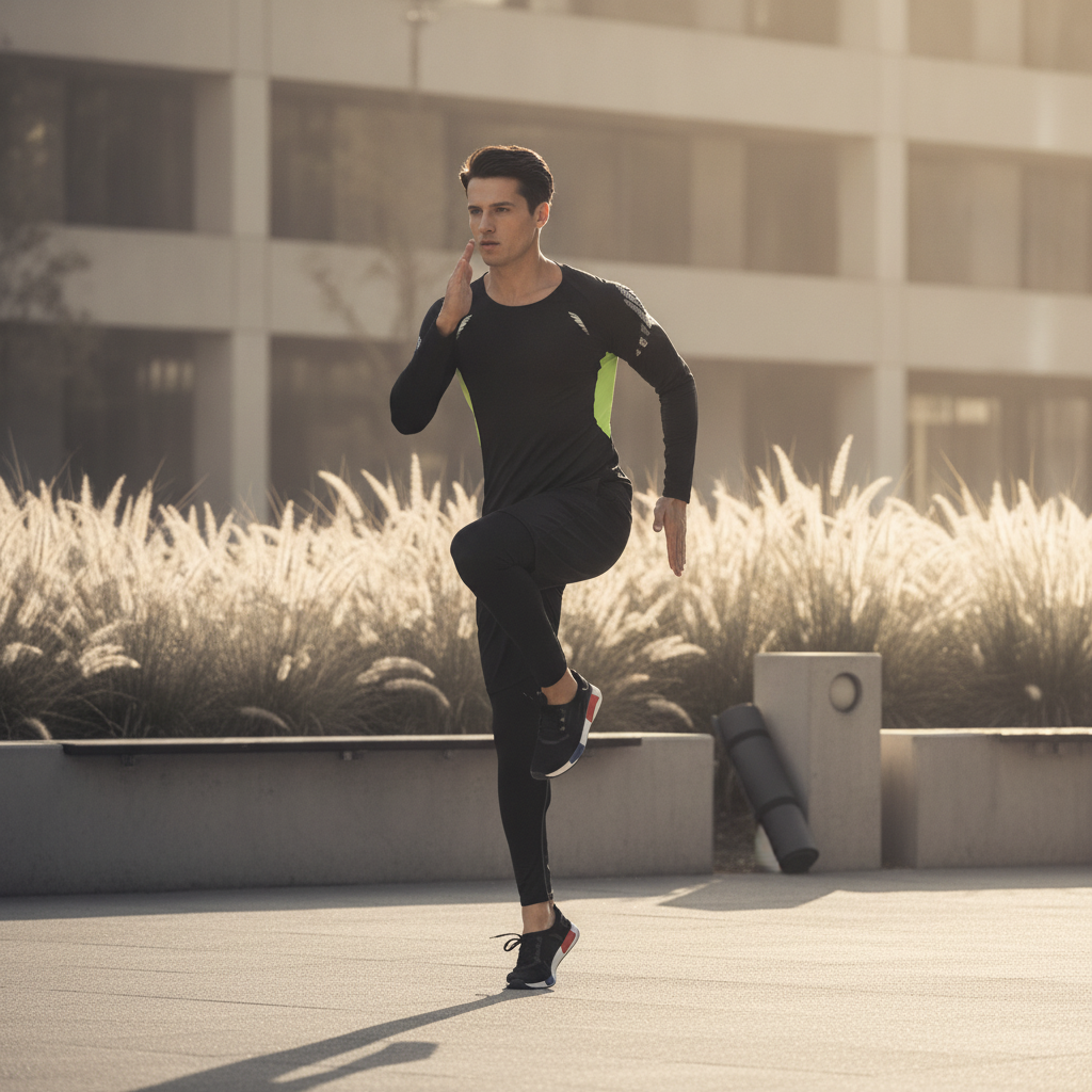 A man in his 30s wears a charcoal AEROFLEX 3-Piece Performance Set, stretching in a modern gym. He faces left, looking over h