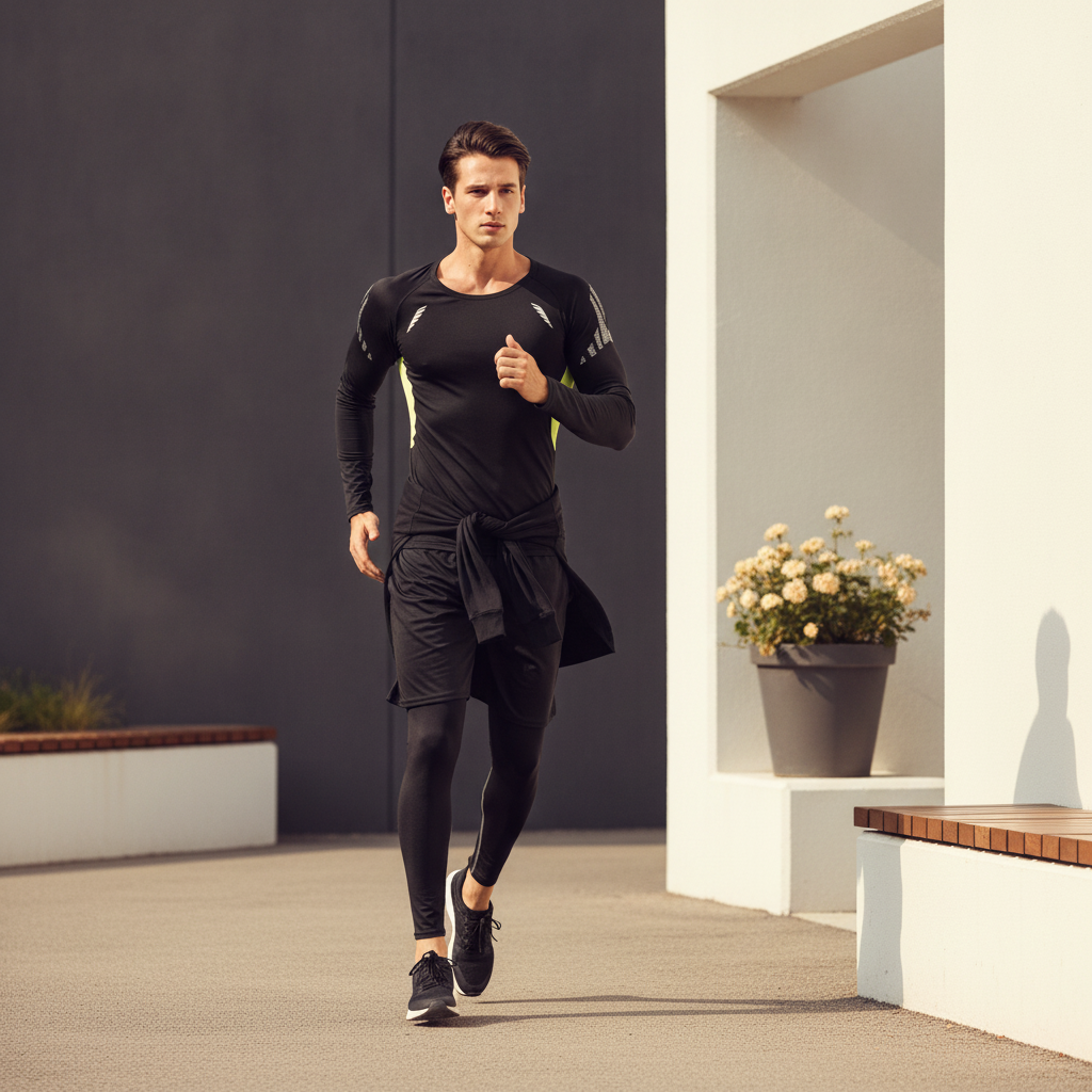 An athletic man in his late 20s, wearing a charcoal AEROFLEX 3-Piece Performance Set, stretching in a modern urban park.