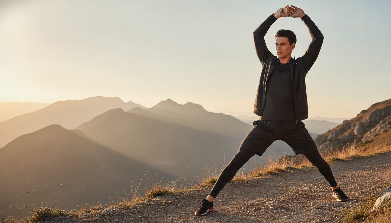Man in charcoal AEROFLEX 3-piece performance set stretching on a mountain trail at sunrise, scenic background.