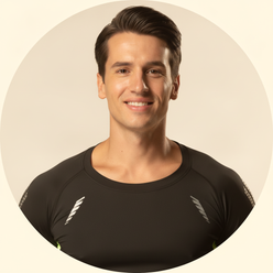 Circular portrait of Jordan Smith, a fit man with short dark hair, smiling and wearing a charcoal performance top.