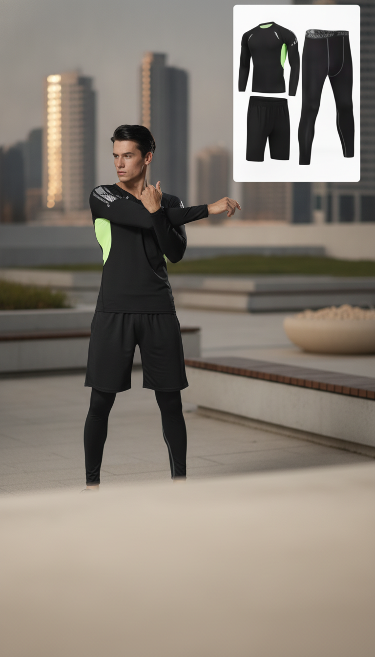 A fit man wearing a charcoal AEROFLEX 3-piece performance set, stretching in a minimalist urban park at dusk.