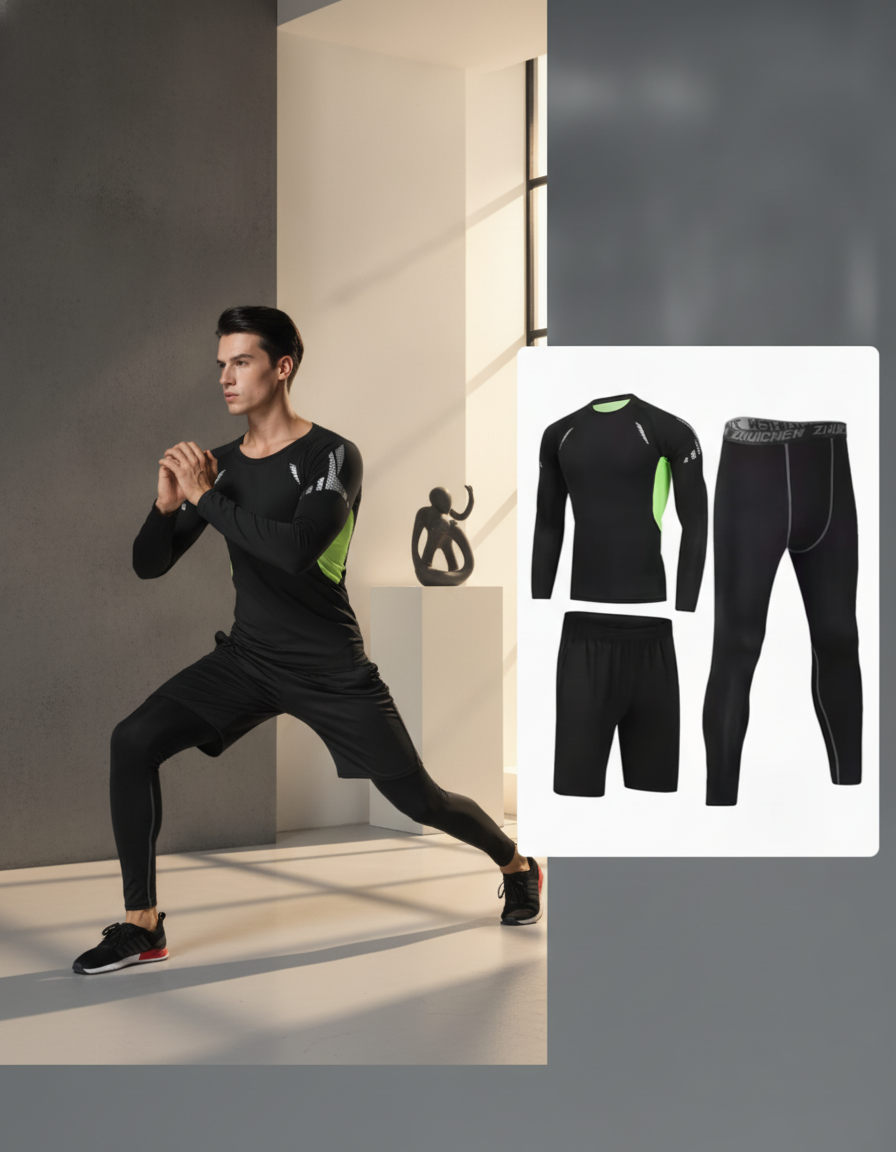 A man in an AEROFLEX 3-piece performance set stretches in a minimalist gym, emphasizing the outfit's flexibility and fit.