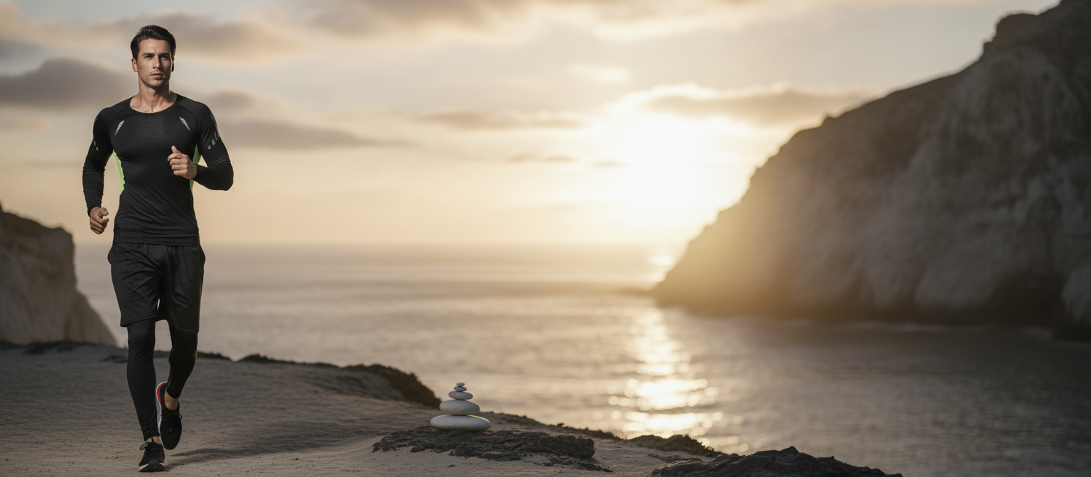 Man in AEROFLEX 3-Piece Performance Set stretching on a coastal path at sunrise, with a clear sky in the center.