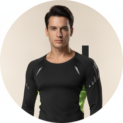 Circular portrait of a fit man, Leo Valenti, with a confident expression, wearing a charcoal performance top against a cream 