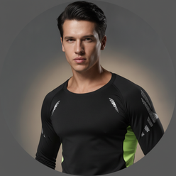 Circular portrait of a male athlete, Sam Peterson, with a confident expression. He wears a fitted, quick-dry athletic top.