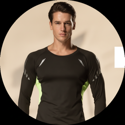 Circular portrait of Chris Thorne, a fit man, smiling confidently in a charcoal grey AEROFLEX performance top against a soft,