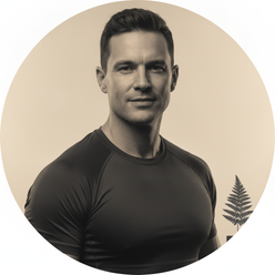 Circular portrait of Julian Moore, a fit man, smiling confidently in an AEROFLEX quick-dry top against a clean background.